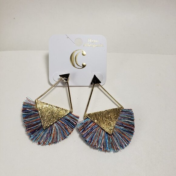 Boho Multicolor Fan Earrings w/ Gold tone Triangle Post Statement Women Jewelry - Picture 7 of 10